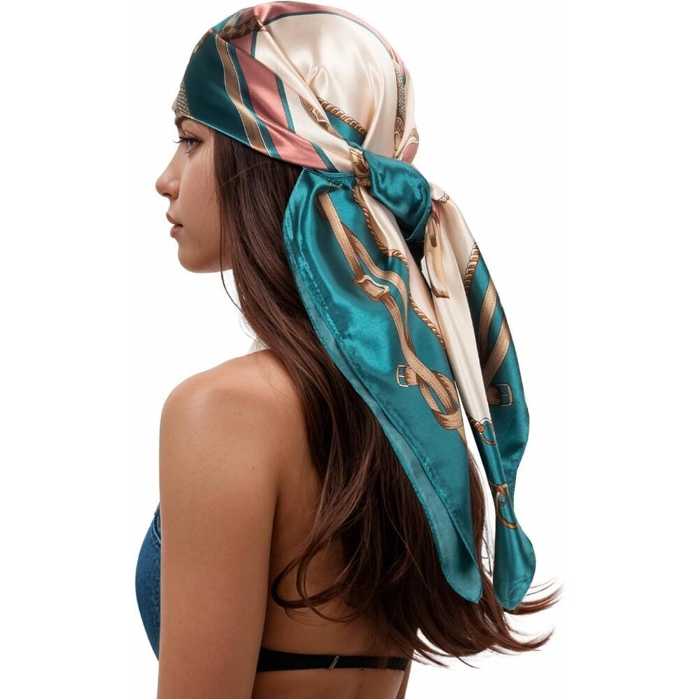 Women's Turquoisepink Head Scarf Like Silk Printed Square Hair Bandanas 35 Inche